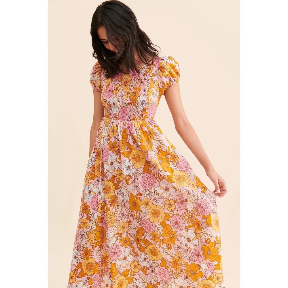 Kachel Floral Cotton Midi Dress Size M Pink Orange Smocked Puff Sleeve